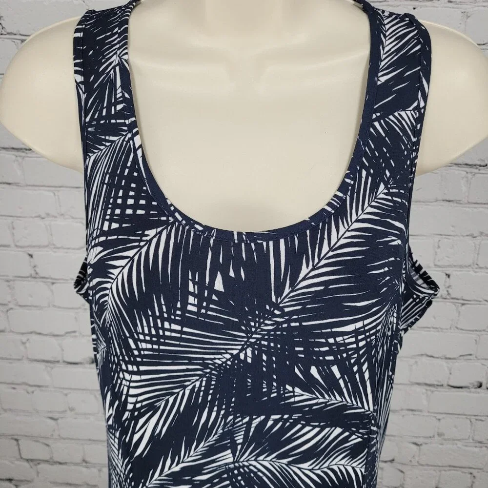 Michael Kors Navy & White Palm Leaf Front Slit Stretch Midi Dress Size Medium M